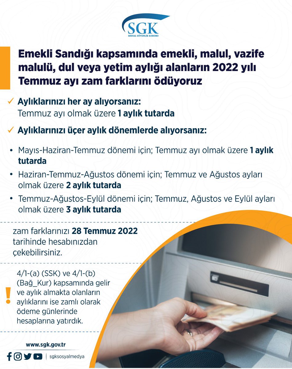 Emekli Sandığı kapsamında emekli, malul, vazife malulü, dul veya yetim aylığı alanların Temmuz ayı zam farklarını 28 Temmuz 2022 tarihinde ödüyoruz.