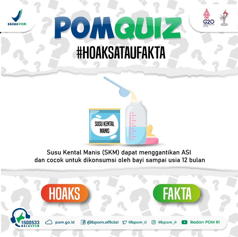 BPOM_RI's tweet photo. Hai #SahabatBPOM, sudah tahu kan cara cek fakta? Yuk ikutan #POMQUIZ buat buktiin kemampuan kamu bedakan mana itu hoaks atau fakta. Eits jangan bilang jago kalau belum bisa jawab semua dengan benar. https://t.co/6MtctWJ2c8