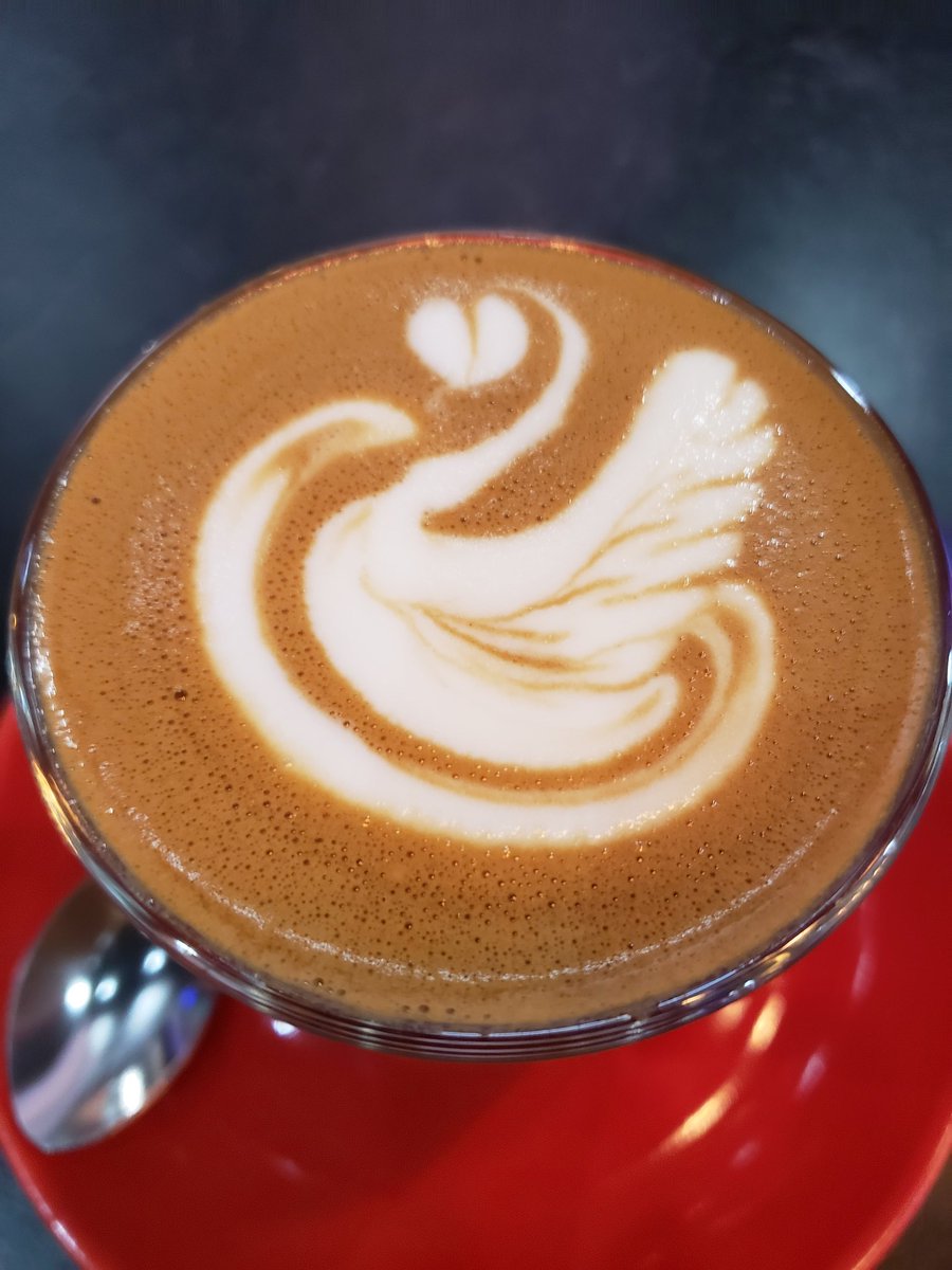 realbillesler's tweet photo. Enderson at the top of his game at #typica with finely detailed swan on my #cortado. Eat your heart out @Starbucks you don't even serve  cortados. https://t.co/MokF8MQdQo