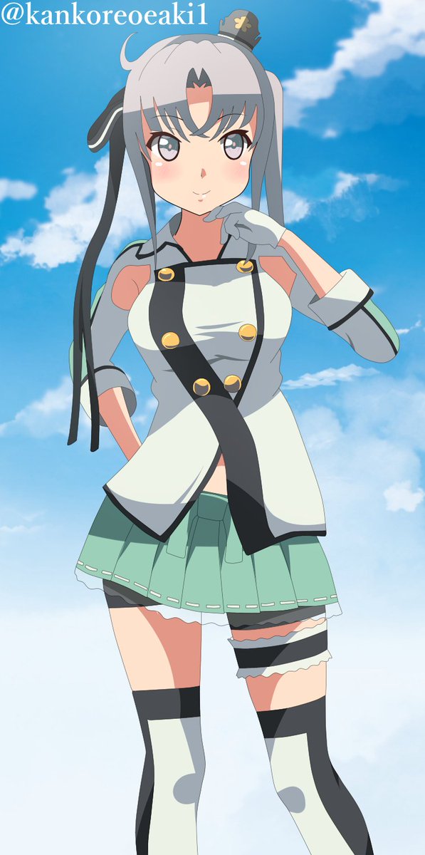 akitsushima (kancolle) 1girl solo skirt mini hat thighhighs twitter username side ponytail  illustration images