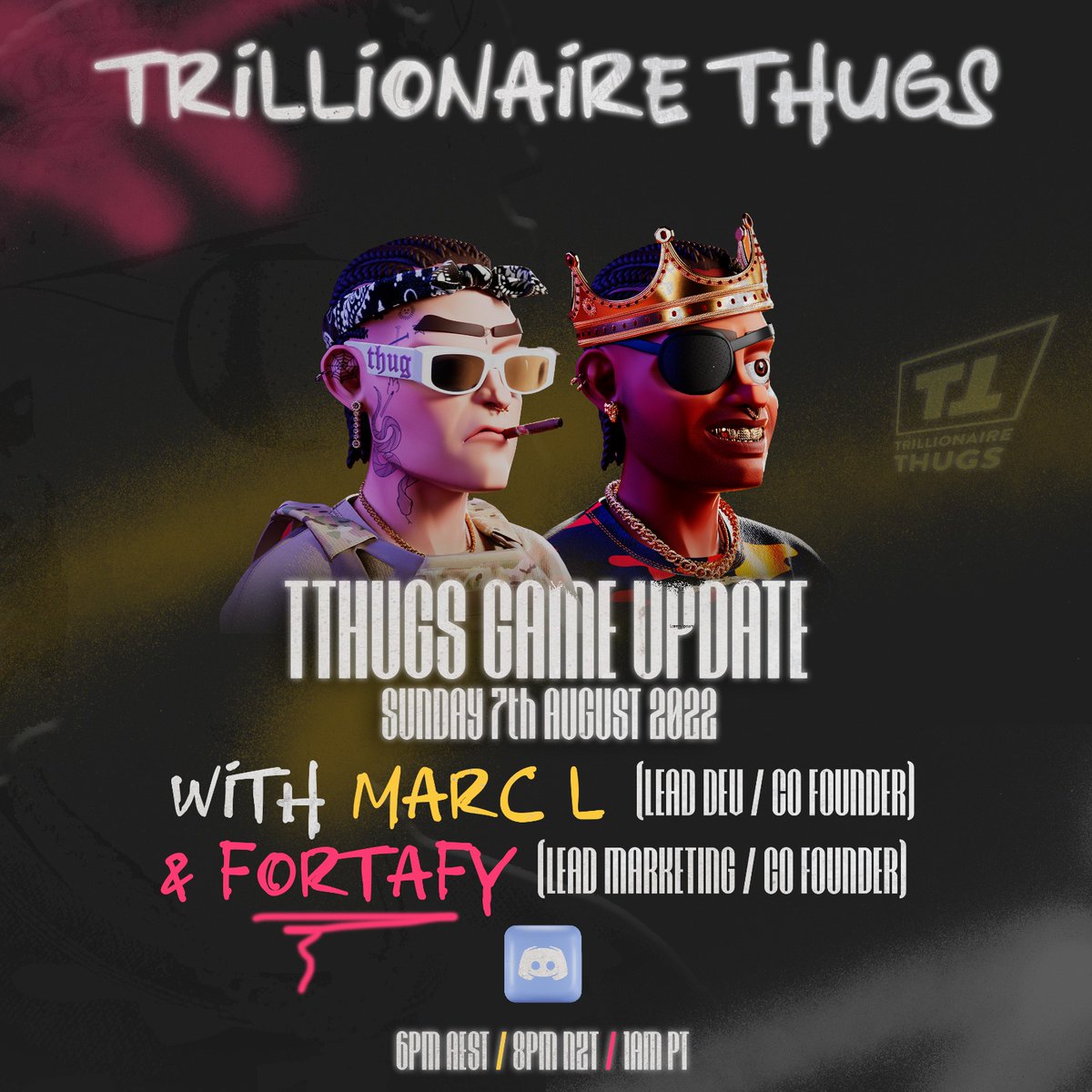 TRILLIONAIRE THUGS GAME UPDATE - Sunday 7th of August 2022 with our Co-founders in our discord (link in bio) 💎🙌 make sure to save the date, as we will be updating you on all developments on our P2E Game. See you all there 🧑‍💻 #TrillionaireThugs #TThugArmy #NFT #P2E