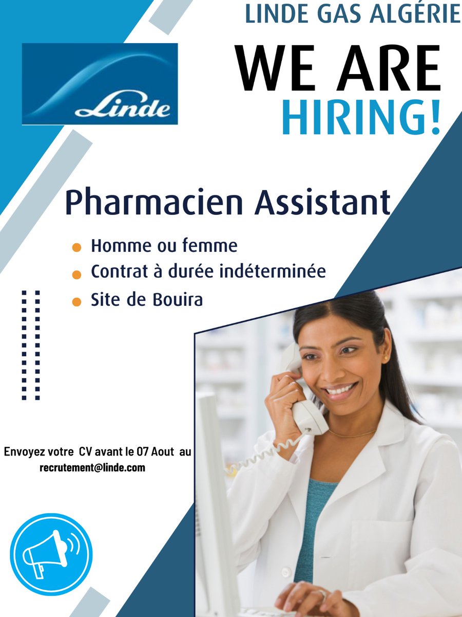LindeGasAlgerie's tweet photo. Linde Gas Algérie recrute un Pharmacien Assistant (H/F) en CDI pour son site de Bouira, envoyer votre candidature (CV et lettre de motivation) à l’adresse: recrutement@linde.com avant le 07 Aout!
#LindeGasAlgérie https://t.co/nZoElQD5oC