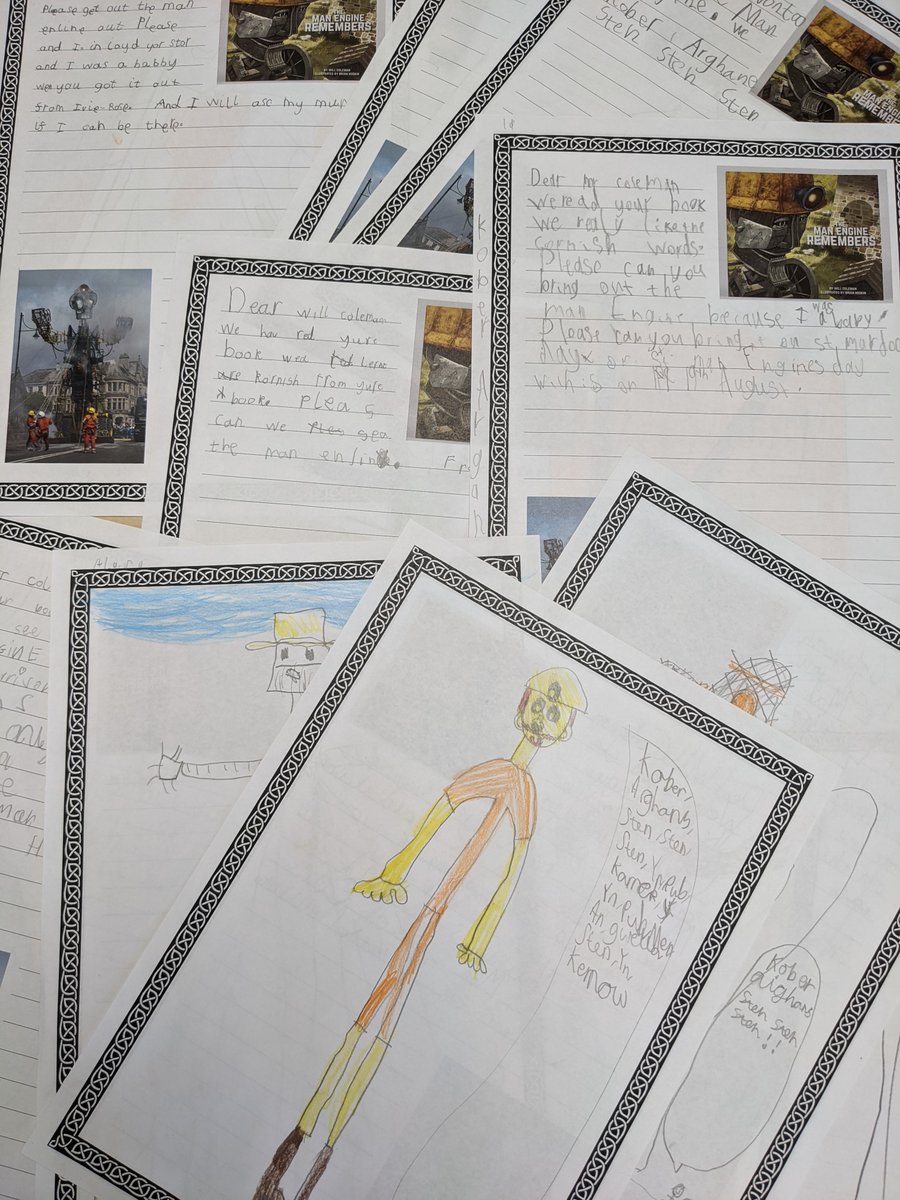 gocornish's tweet image. Re Varia! / Wow! Look at these lovely letters we  received from Trewirgie Infants &amp;amp; Nursery School (and spot the illustration of our Will!) They&apos;ve been reading &apos;@TheManEngine Remembers&apos; and learning some Cornish💛Splann! / Splendid! #CornishLanguage #Kernewek #TheManEngine