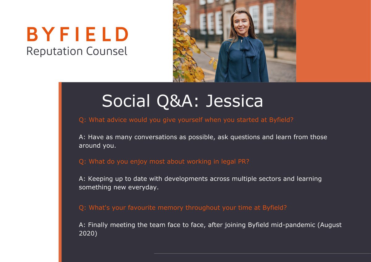Today’s 15th anniversary social Q&amp;A comes from Senior Account Executive, Jessica Hancock, who reveals favourite memories with Byfield and what she enjoys most about working in Legal PR.