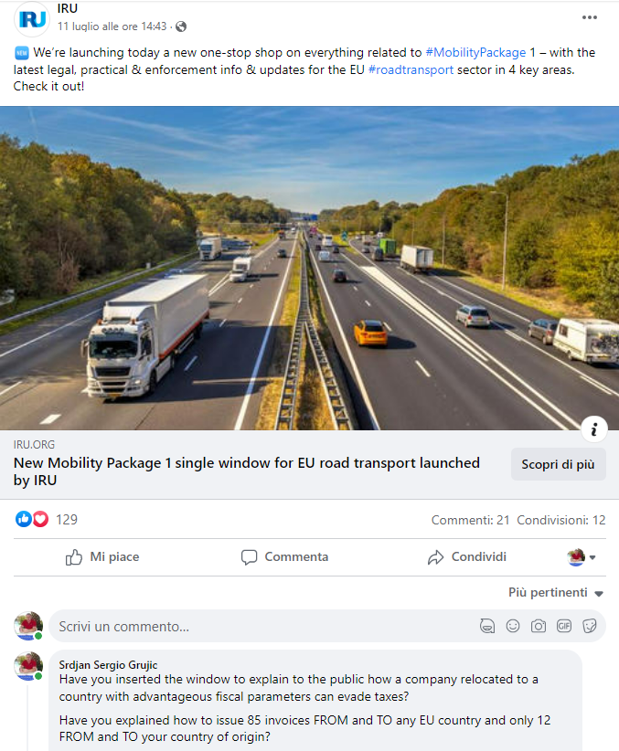 Agora_Mt's tweet photo. "L'#IRU è irresponsabile!!
Sono sorpreso perché l’IRU non ha mai risposto alle nostre email, mentre sulla pagina FB lo ha fatto adesso per la prima volta e in linguaggio politico."

#Autotrasporto #Autisti #MobilityPackage #PacchettoMobilità #Camion

https://t.co/5HZPKzjxAN https://t.co/REWyvN2qNM