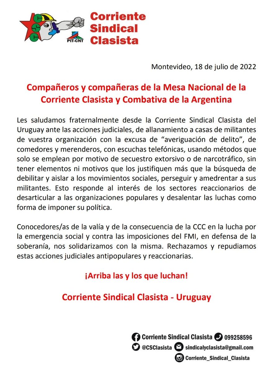 Solidaridad con la Corriente Clasista y Combativa de la Argentina ✊🏼
<a href="/CccNacional/">CCC Nacional</a>