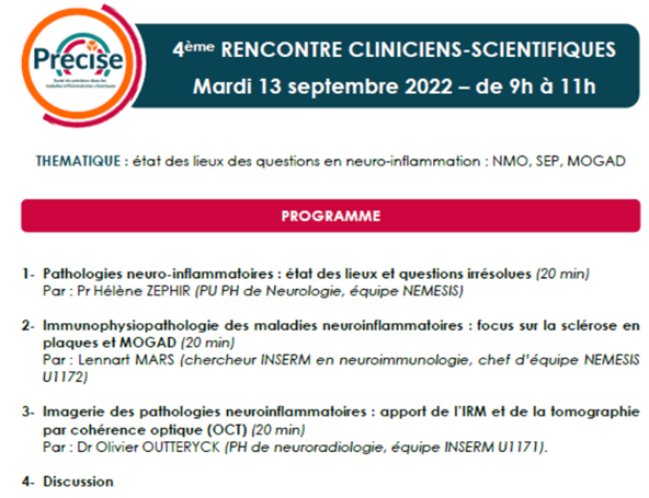 FhuPrecise's tweet image. Ne manquez pas les 4e rencontres Cliniciens-Scientifiques du FHU PRECISE autour du thème passionnant de la neuro-inflammation, Mardi 13/09 de 9h à 11h !
