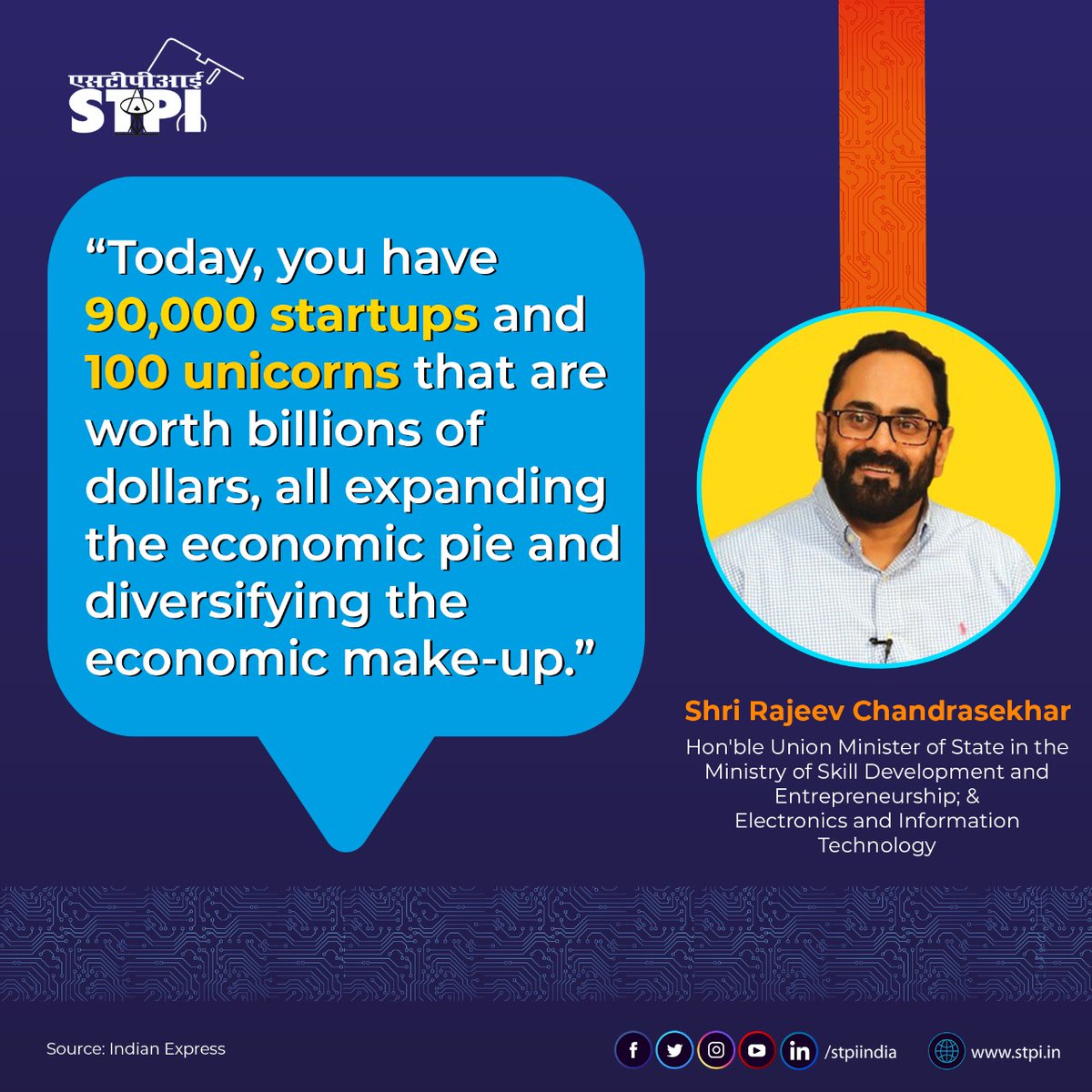 Hon. MoS @GoI_MeitY Sh. @Rajeev_GoI while interacting with journalists of @IndianExpress at #IdeaExchange cites how startups & unicorns are expanding the economic pie of India, bolstering the digital economy, and realizing Hon. PM Sh. @NarendraModi’s vision on #IndiasTechade.