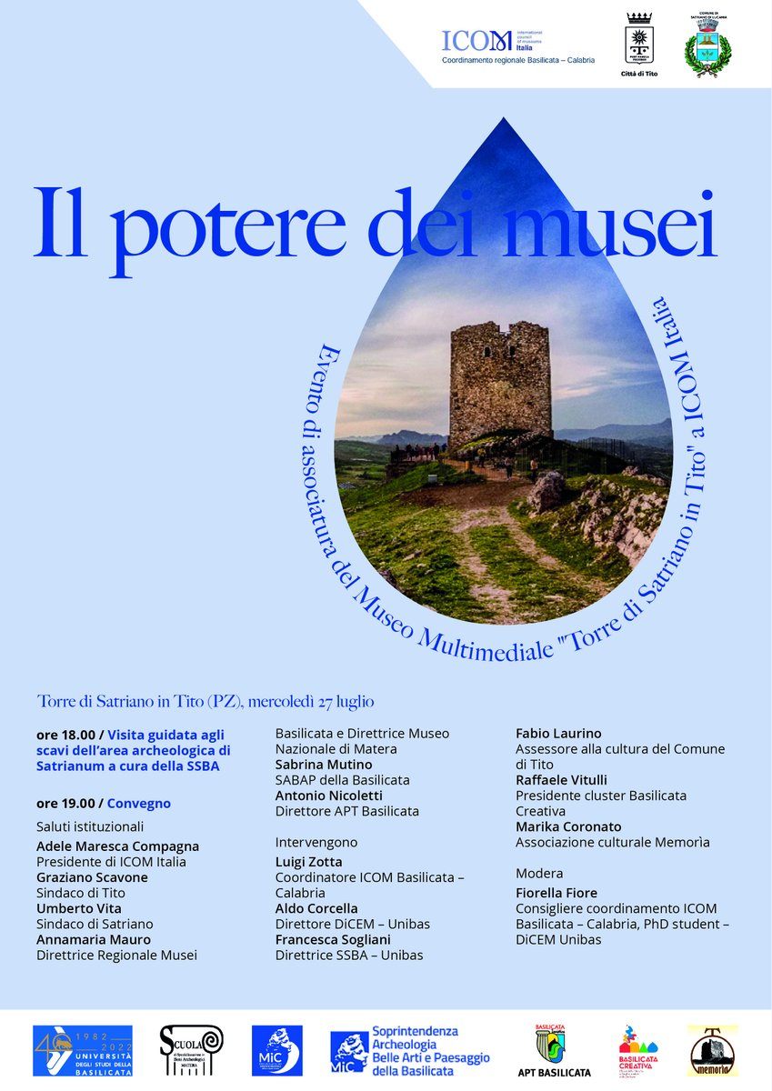 Vi aspettiamo per parlare di musei, territorio, ricerca e buone pratiche di sviluppo. Ore 18, visita guidata agli scavi dell'antica #Satrianum a cura della Scuola di Specializzazione in Beni Archeologici di #Matera, a seguire il convegno. In omaggio, uno splendido tramonto #icom