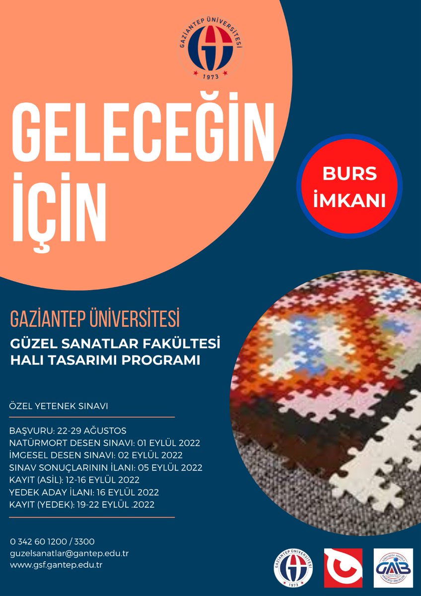 gaib_carpet's tweet photo. Güneydoğu Anadolu Halı İhracatçıları Birliği işbirliğinde @gaziantepUniv Güzel Sanatlar Fakültesi Halı Tasarım Programı 2. yıl öğrencileri için yetenek sınavı yapacağını duyurdu.
@ticaret @turkihracat #tanıtım #üniversite #tasarım #halı #tercih2022 #HATAD #ihracat #Gaziantep https://t.co/xrqVZpnwvJ