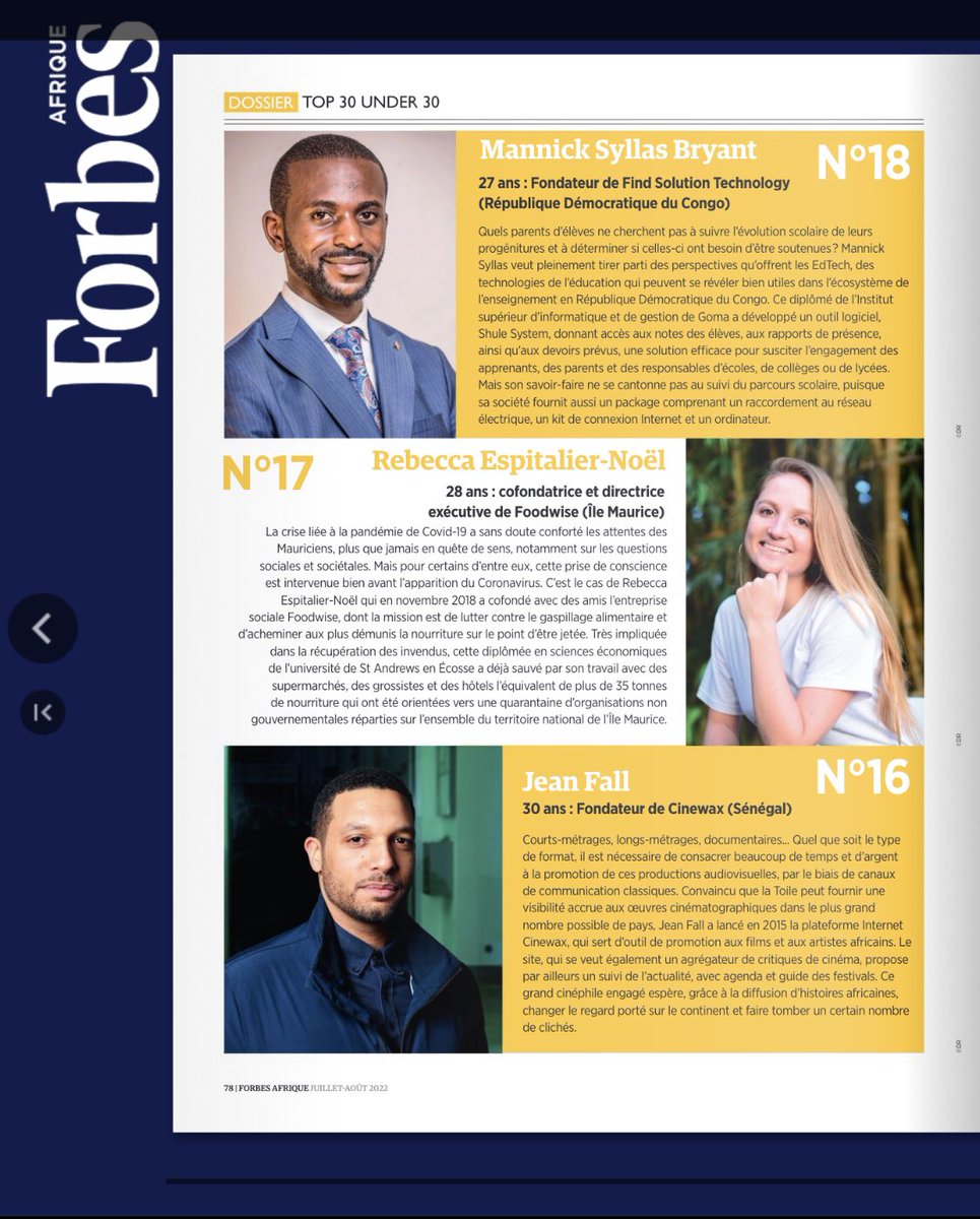 syllasbryant's tweet photo. Très honoré d’être nommé parmi les 30 africains de moins de 30 ans qui façonnent l’Afrique de demain par le magazine @Forbes_Afrique. 
#Forbes30under30 

Le meilleur est à venir !
Clin d’œil à @tisyamukuna et @makilaprisca1 . C’est le 🇨🇩 qui gagne!  #shulesystem https://t.co/BIF7l44eqO