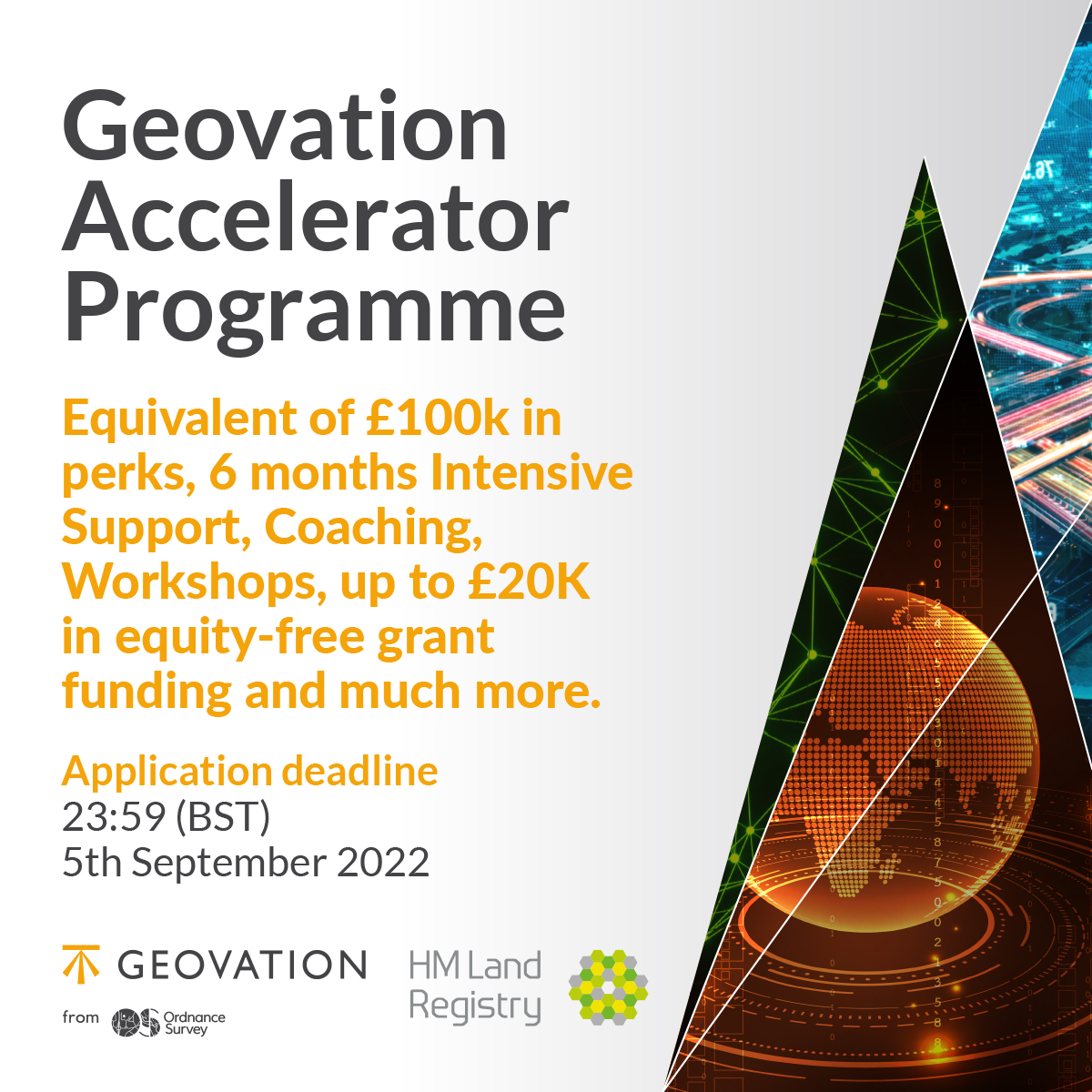 Our award-winning Accelerator Programme, backed by <a href="/OrdnanceSurvey/">Ordnance Survey</a> and <a href="/HMLandRegistry/">HM Land Registry</a>, is open for applications from GeoTech and PropTech start-ups until 5 September⏳

Interested? Find out more: geovation.uk/accelerator/