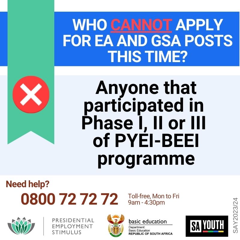 MORE EA & GSA OPPORTUNITIES COMING UP! Register on sayouth.mobi (sayouth.mobi/Home/Index/EN  ) DATAFREE! Need help call us on 0800727272. Follow @SAYouth.mobi on Facebook for updates. #SAYouth #PresidentialYouthEmploymentIntervention #PYEI #DepartmentofBasicEducation #DBE