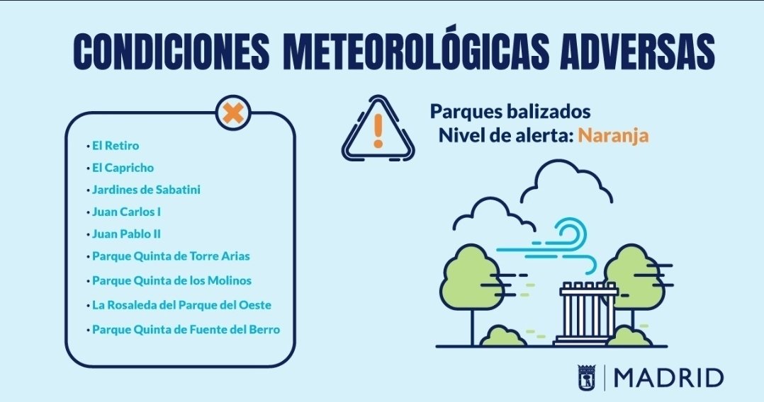 📢 Este lunes 25 de julio, de 12:00 a 18:00 h, se activa la alerta naranja 🟠 por condiciones meteorológicas adversas según previsiones de <a href="/AEMET_Esp/">AEMET</a>. El Retiro y otros ocho parques de la ciudad mantendrán zonas balizadas.  informate.madrid.es/jol6d53