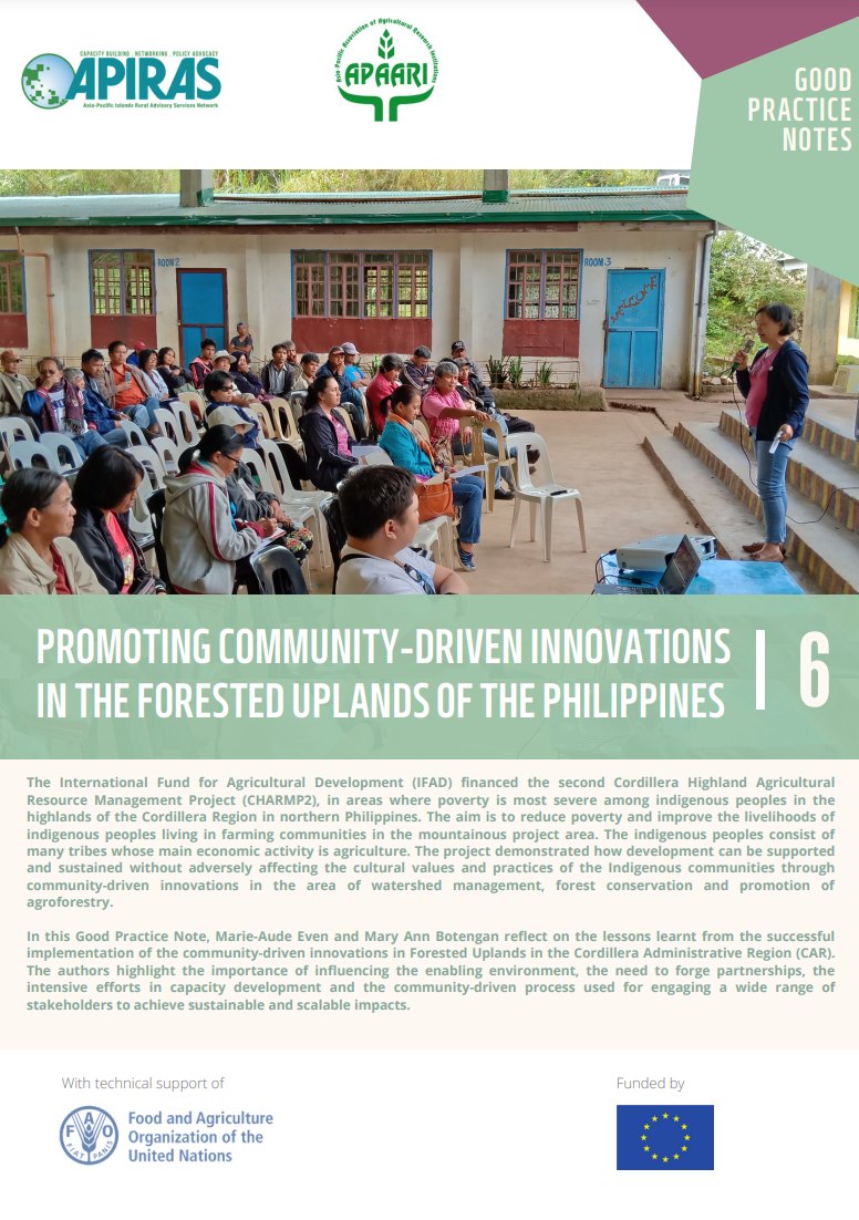 CRISP (@crisp_india) on Twitter photo APIRAS-APARI Good Practice Note 6
PROMOTING COMMUNITY-DRIVEN INNOVATIONS IN THE FORESTED UPLANDS OF THE PHILIPPINES-CHARMP2 financed by IFAD. GP Note by Marie-Aude Even and Mary Ann Botengan fao.org/3/cc0958en/cc0…
<a href="/APAARI/">APAARI</a> <a href="/TAP_G20/">Tropical Agriculture Platform (TAP)</a> <a href="/IFAD/">International Fund for Agricultural Development</a> @AESA_Extension <a href="/infogfras/">GFRAS</a> <a href="/MaheshIVRI/">Mahesh Chander</a> APIRAS-APARI Good Practice Note 6
PROMOTING COMMUNITY-DRIVEN INNOVATIONS IN THE FORESTED UPLANDS OF THE PHILIPPINES-CHARMP2 financed by IFAD. GP Note by Marie-Aude Even and Mary Ann Botengan fao.org/3/cc0958en/cc0…
<a href="/APAARI/">APAARI</a> <a href="/TAP_G20/">Tropical Agriculture Platform (TAP)</a> <a href="/IFAD/">International Fund for Agricultural Development</a> @AESA_Extension <a href="/infogfras/">GFRAS</a> <a href="/MaheshIVRI/">Mahesh Chander</a>