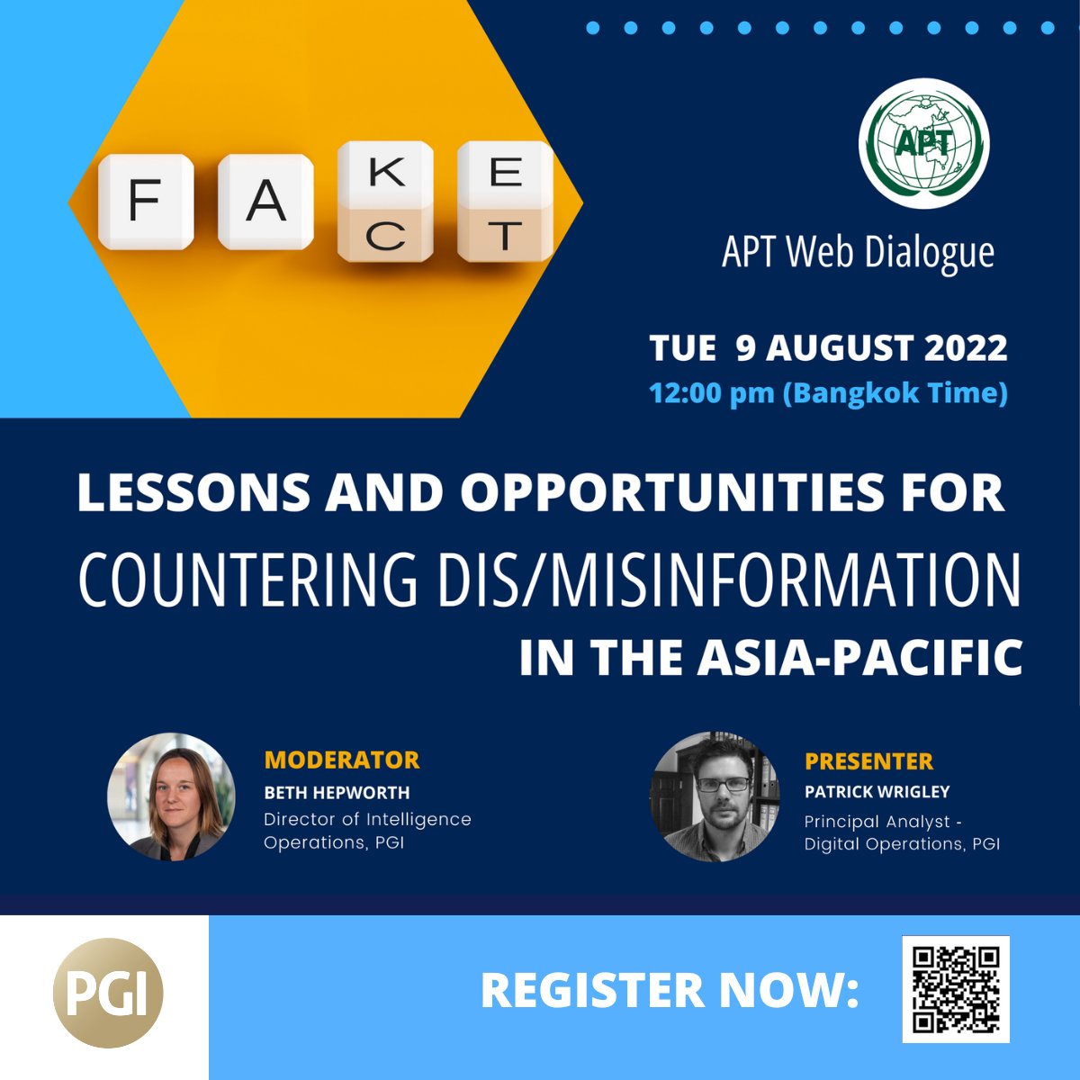 Upcoming event - 9 August: Lessons and opportunities for countering dis/misinformation in the Asia-Pacific

Join PGI's Beth Hepworth, Patrick Wrigley for the next Asia-Pacific Telecommunity Web Dialogue

Register here: lnkd.in/eKd6_7rn

#disinformation #asiapacific