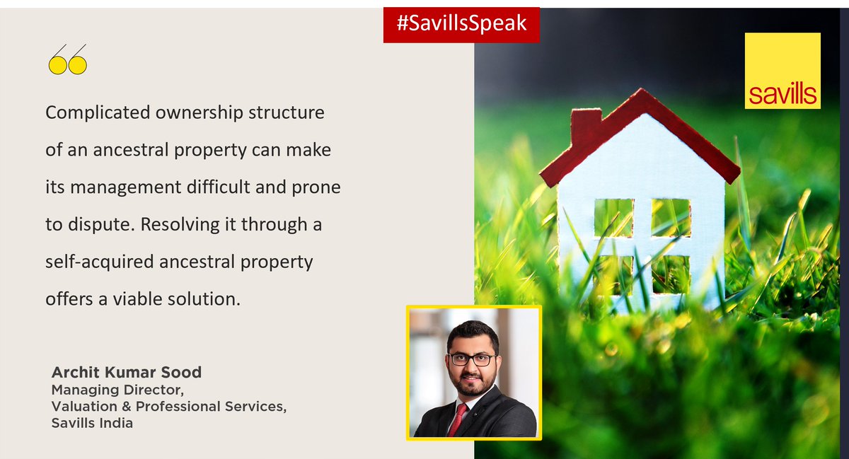 IndiaSavills's tweet photo. Archit Kumar Sood, MD, Valuation and Professional Services, #SavillsIndia, shares his views on self-acquired ancestral properties and how these offer a viable alternative to resolving ancestral property related issues.

Read more: https://t.co/coDZwKbFAm https://t.co/aY6Ct8dwTR