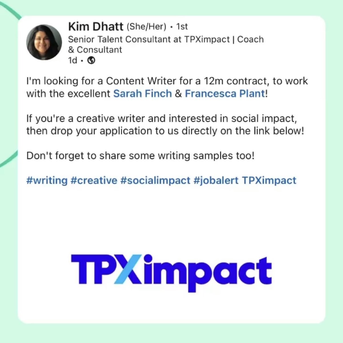 Come and work with Sarah Finch our Head of Content as a Content Writer! ✍️

If you've been looking and we peak your interest, why not have a chat with @sarah_finch19  for more details - we're doing some great work 👋

careers.tpximpact.com/vacancies/111/…