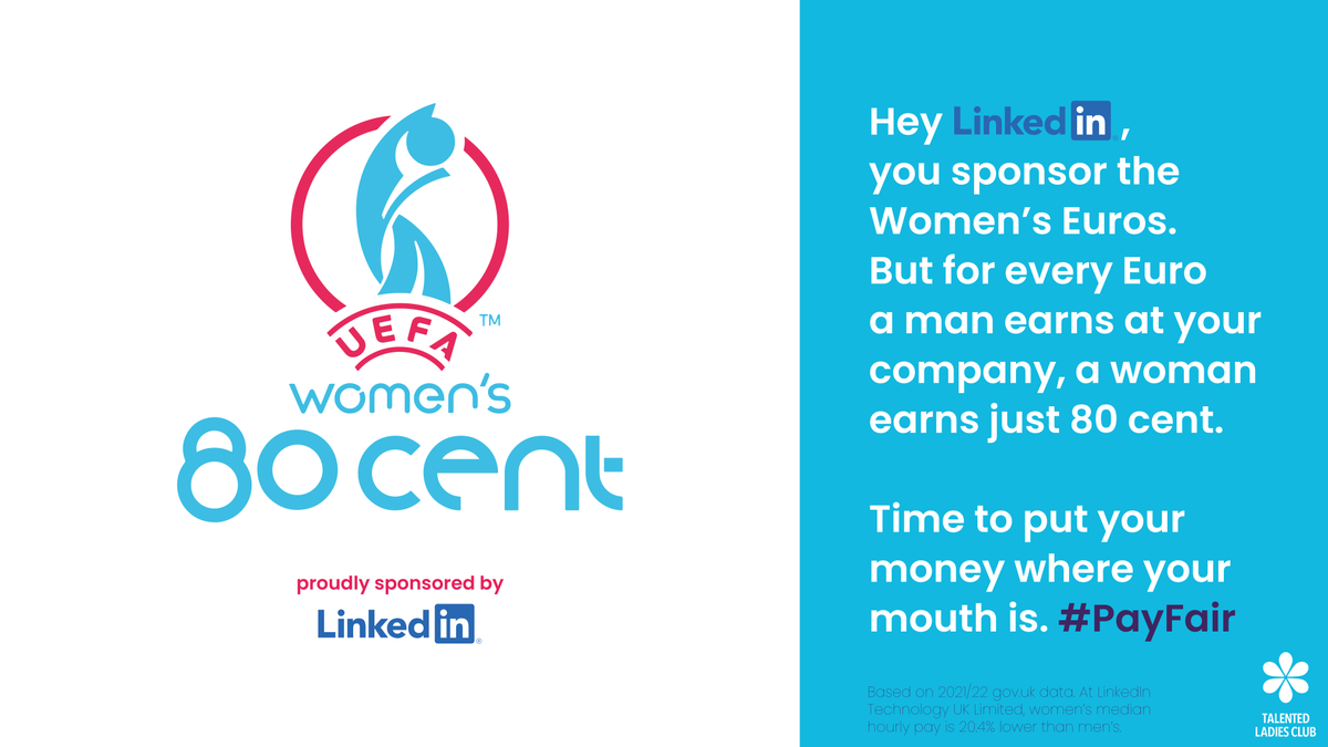 TalentedLadies's tweet photo. Hey @linkedin, you sponsor the #WomensEuros2022. But for every Euro a man earns at your company, a woman earns just 80 cents. Isn’t it time to close the #genderpaygap and #PayFair? https://t.co/Nb2h4N93mJ https://t.co/JLLEbQNR9J