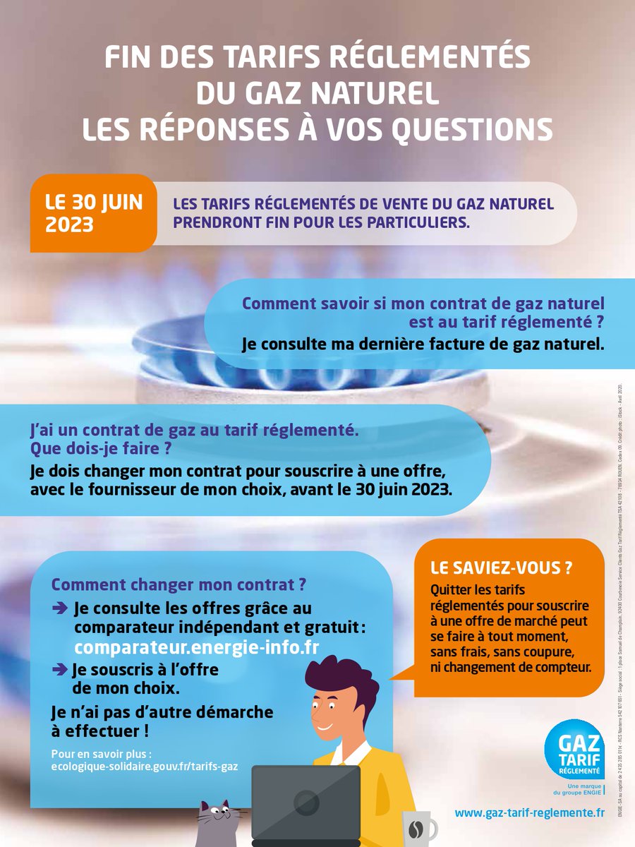 PimmsAmplepuis's tweet image. 🗓 Au 30 juin 2023, les tarifs réglementés du gaz prendront fin. 

🔗Si vous bénéficiez d'un contrat au tarif réglementé vous devez choisir une nouvelle offre. Comparez sur: comparateur.energie-info.fr 

Avec notre partenaire Engie, nous pouvons vous accompagner dans vos démarches.