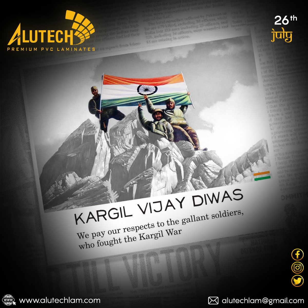KARGIL VIJAY DIWAS✨✨ 
"We pay our respects to the gallant soldiers, who fought the Kargil War"
*
**
***
FOR MORE INFO VISIT US AT : alutechlam.com OR DROP YOUR QUERY AT: alutechlam@gmail.com 
#alutech #kargilvijaydiwas #indianarmy #kargil #india #kargilwar
