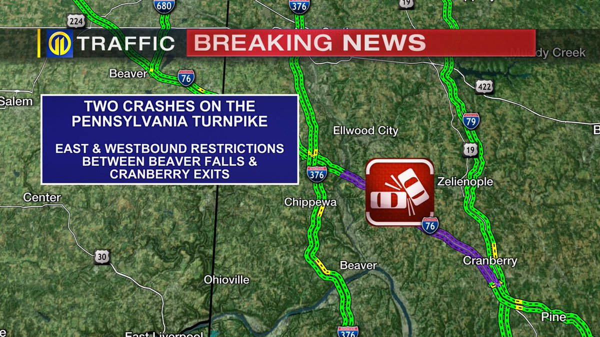 WPXITraffic's tweet image. TWO CRASHES on the Pa Turnpike between Cranberry and Beaver Falls with lane restrictions in both directions. #PittsburghTraffic #WPXI bit.ly/WPXILiveStream