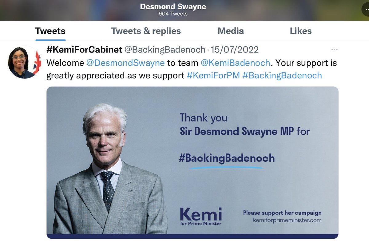 BrexitBuster's tweet photo. Dippy Tory fruitcake ‘Dodgy Des’ Swayne (pronounced Swyne) seems to be backing almost every horse in the leadership race. Started off with Suella, then on to Kemi, now he’s ready for Rishi. In other words, ‘Gizza job - before I lose my seat!’ The Kiss of Death. ☠️
#DesmondSwayne https://t.co/L5ucP4Zh5o