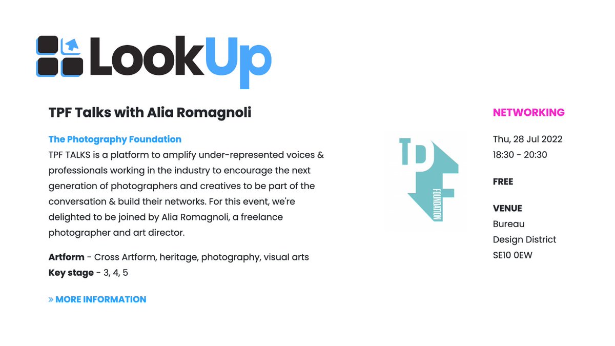 This week #LookUpLDN from The Photography Foundation
 
Find out more here: eventbrite.co.uk/e/tpf-talks-wi…
 
Browse more #arts &amp; #culture resources, events &amp; projects for schools at lookup.anewdirection.org.uk 🔍
