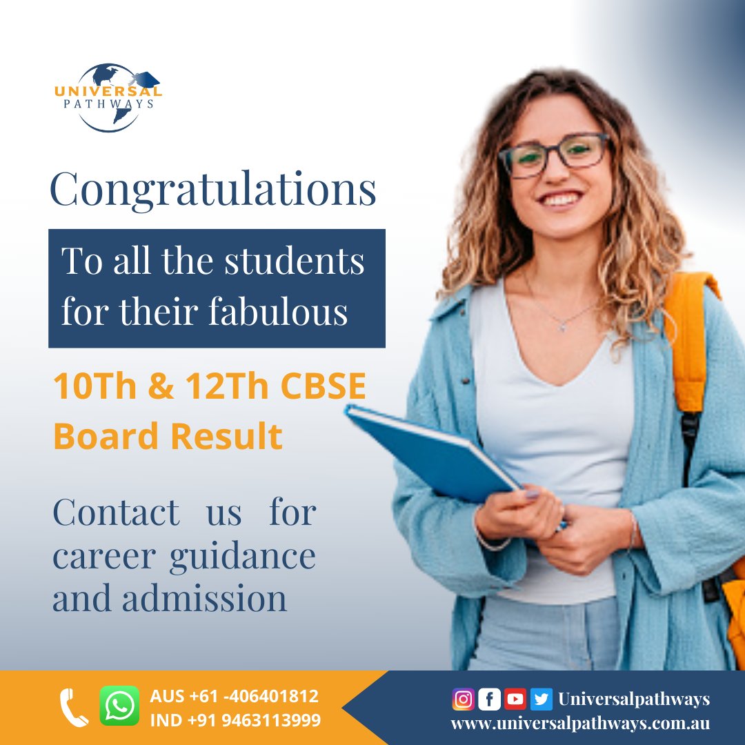 UPathways's tweet photo. The CBSE has announced the results for Class 10 and Class 12. We congratulate all the students who have received great marks in their Board exams. You can count on us to help you with all your career guidance needs, for admissions, & more.
#student #education #universalpathways https://t.co/w1cB59STsa
