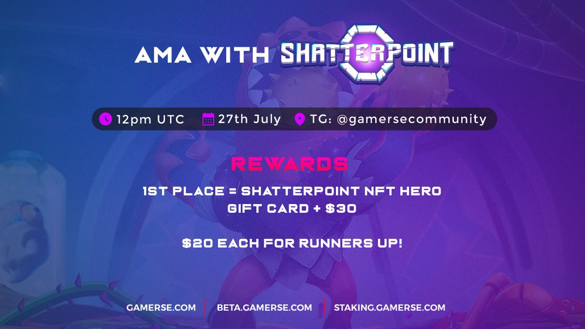 Gamersenft's tweet photo. Happy Monday Gamers!👾

Join us for a special AMA with our friends from @Shatterpointgg 

➡️ Wed 27th July, 12PM UTC at 
https://t.co/5JdBHdp4i6

🎙Special guest: Benas Baltramiejunas, Co-founder/CEO

Comment your questions below to for a chance to win!💵💵

#Giveaway https://t.co/byeW3Avkn0