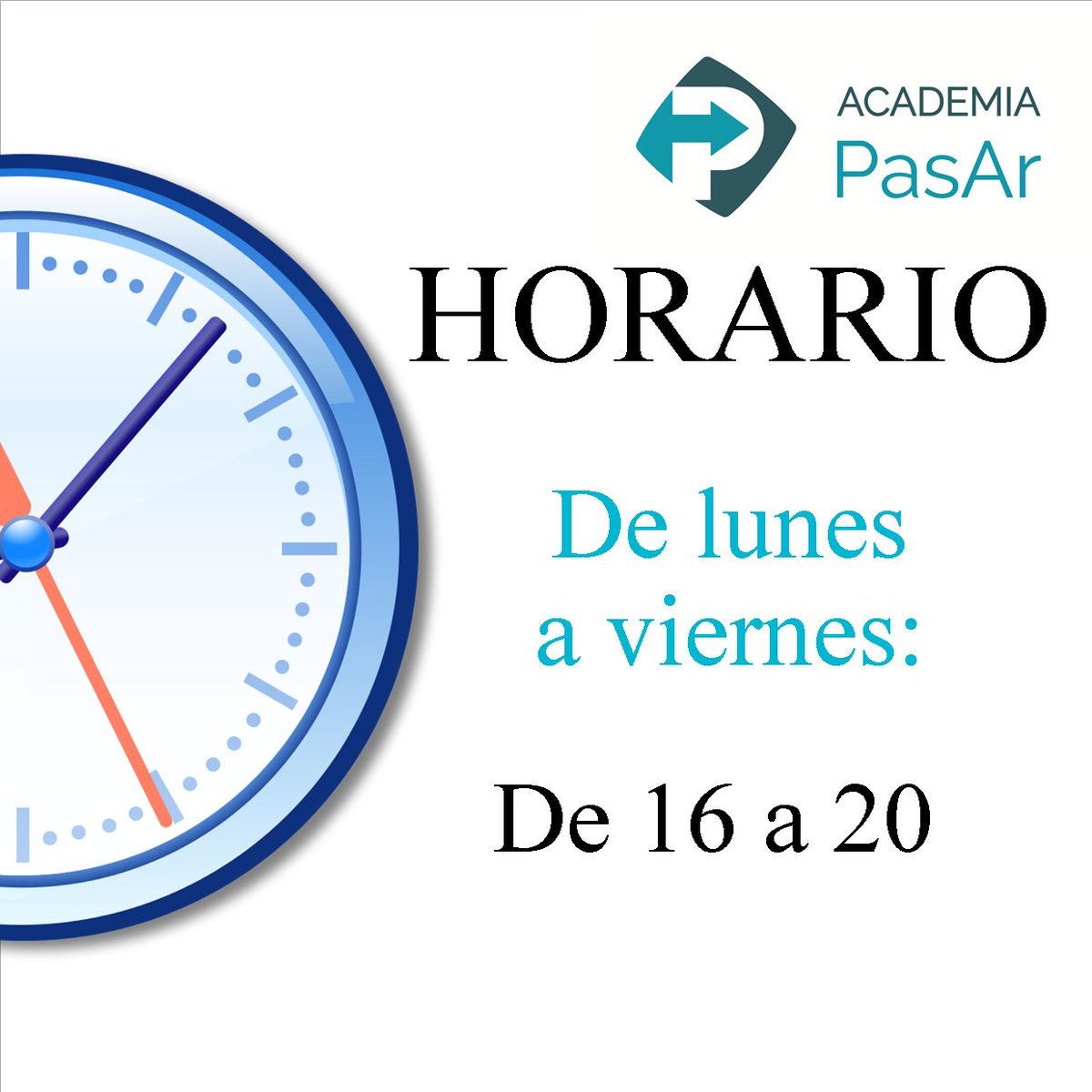 AcademiaPasar's tweet photo. 𝐇𝐎𝐑𝐀𝐑𝐈𝐎 𝐂𝐔𝐑𝐒𝐎 𝟐𝟐-𝟐𝟑

De lunes a viernes de 16 a 20

#AcademiaPasAr #Horario #Horari #Curso2223 #Curs2223 https://t.co/wFSebVOSWF