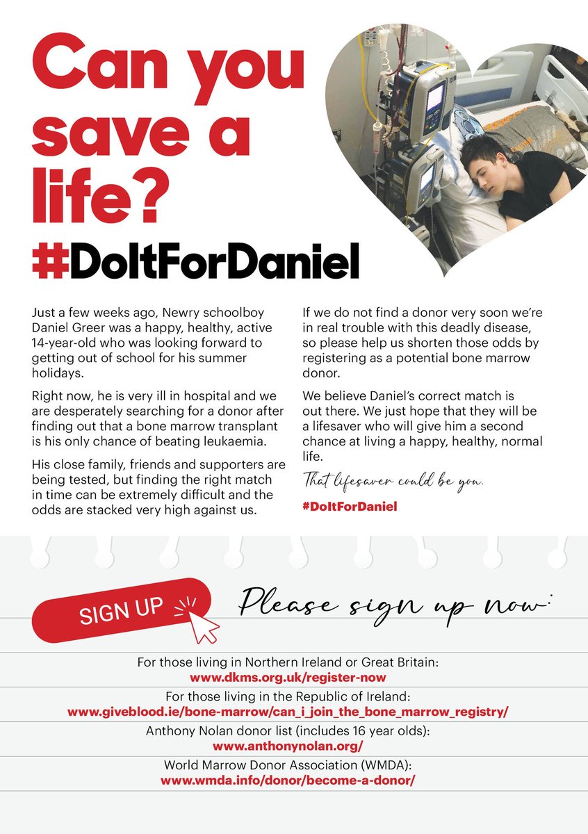 JoeBrolly1993's tweet photo. Register as a bone marrow donor. You might just be able to save this 14 year old boy’s life #DoitForDaniel https://t.co/j5NW0BmyXJ