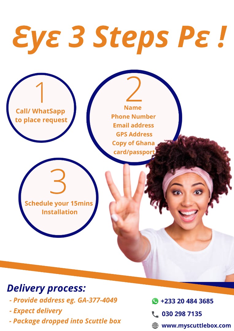ScuttleBoxGH's tweet photo. Just 3 steps and you're good to go!!! Say no to stress this 2022 and beyond!
Whatsapp 020 484 3685 for your #scuttlebox..
ฮตyฮต 3 steps pฮต!!!
#saynotostress #myscuttlebox #scuttlemycomforter #yourhomeisnext #ghanapost #ems #deliveries https://t.co/8hpcoTIzg4