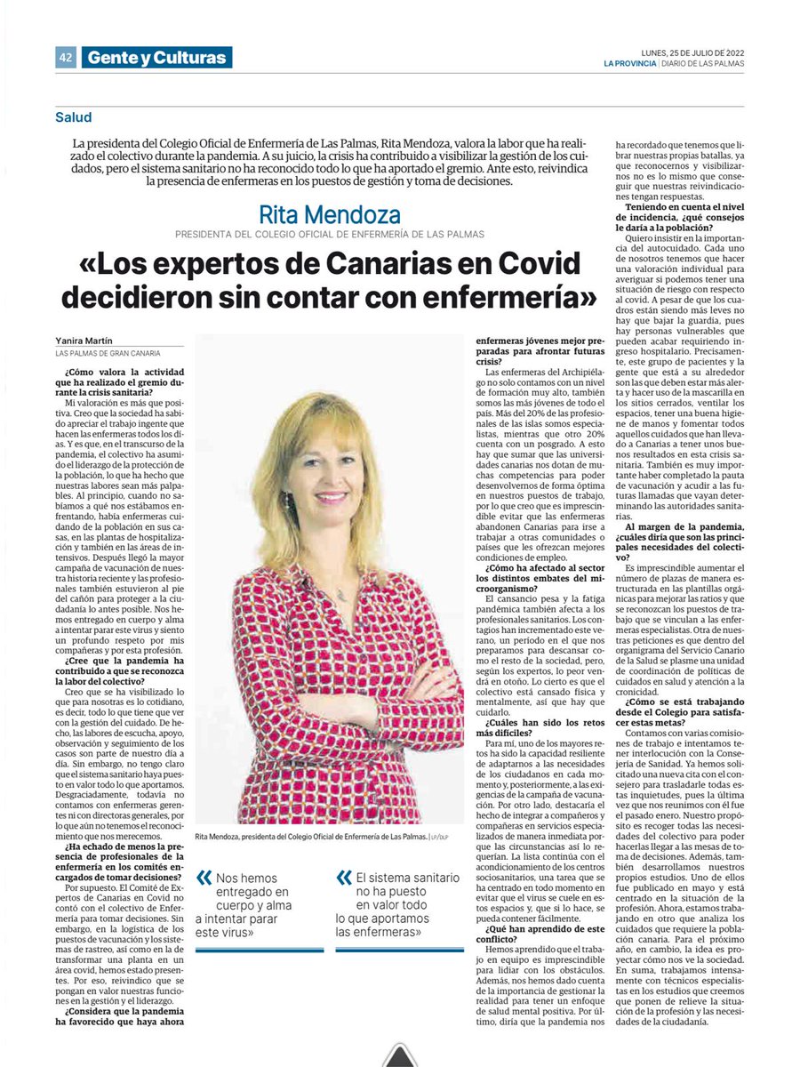 twCELP's tweet photo. 📰 𝗣𝗥𝗘𝗡𝗦𝗔: @laprovincia_es recoge hoy una amplia entrevista a la presidenta CELP. @ritamendozasanc  aborda temas como la gestión de la pandemia, la importancia de las enfermeras en la toma decisiones o la situación actual de la profesión. #Celp #EnfermeríaLasPalmas. https://t.co/4LleELvGl7