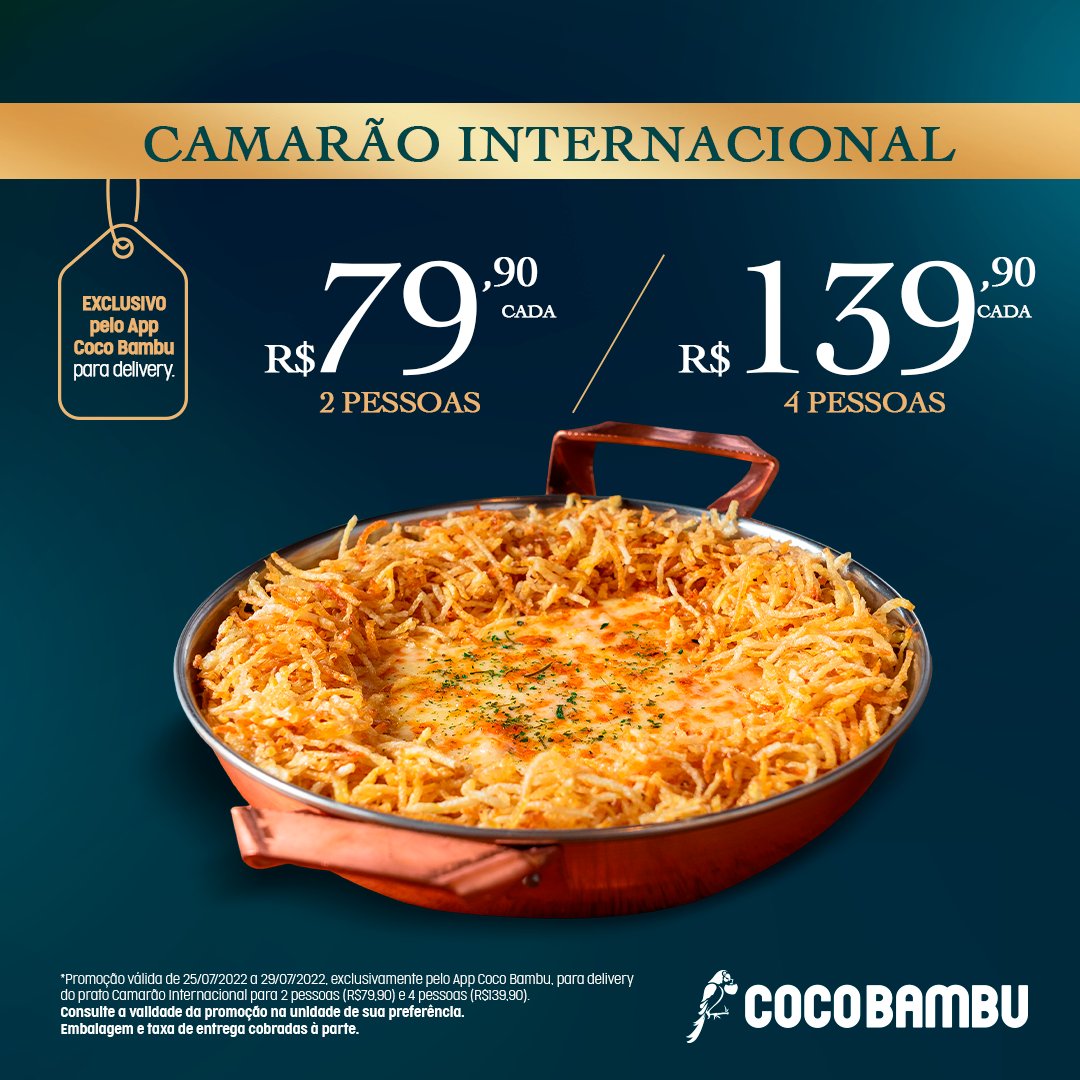 CocoBambuReal's tweet photo. Aproveite a APP WEEK COCO BAMBU!
De: 25 a 29/07 | Peça já!
📲 Link para baixar o App Coco Bambu:
https://t.co/OHDB54lIJQ
👉 Promoção exclusiva pelo App Coco Bambu para DELIVERY.
#CocoBambu #AppWeekCocoBambu #CamarãoInternacional #CarneDeSol
#AppCocoBambu https://t.co/cj5dETkQal