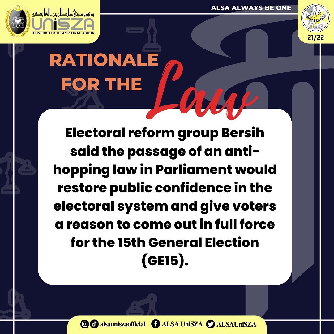 ALSAUniSZA's tweet photo. 【ABSOLUTELAW - [Part 13]: Anti Hopping Law?】

Did you know ? 

The word “party-hopping” refers to elected lawmakers switching allegiance to a different political party midway through the term of office to which they were elected.

#ALSAAlwaysBeOne 
#AlsaUniSZA https://t.co/VBUcYR1lPk