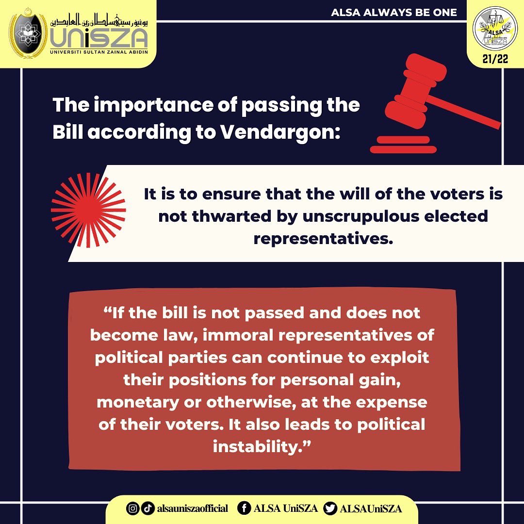 ALSAUniSZA's tweet photo. 【ABSOLUTELAW - [Part 13]: Anti Hopping Law?】

Did you know ? 

The word “party-hopping” refers to elected lawmakers switching allegiance to a different political party midway through the term of office to which they were elected.

#ALSAAlwaysBeOne 
#AlsaUniSZA https://t.co/VBUcYR1lPk
