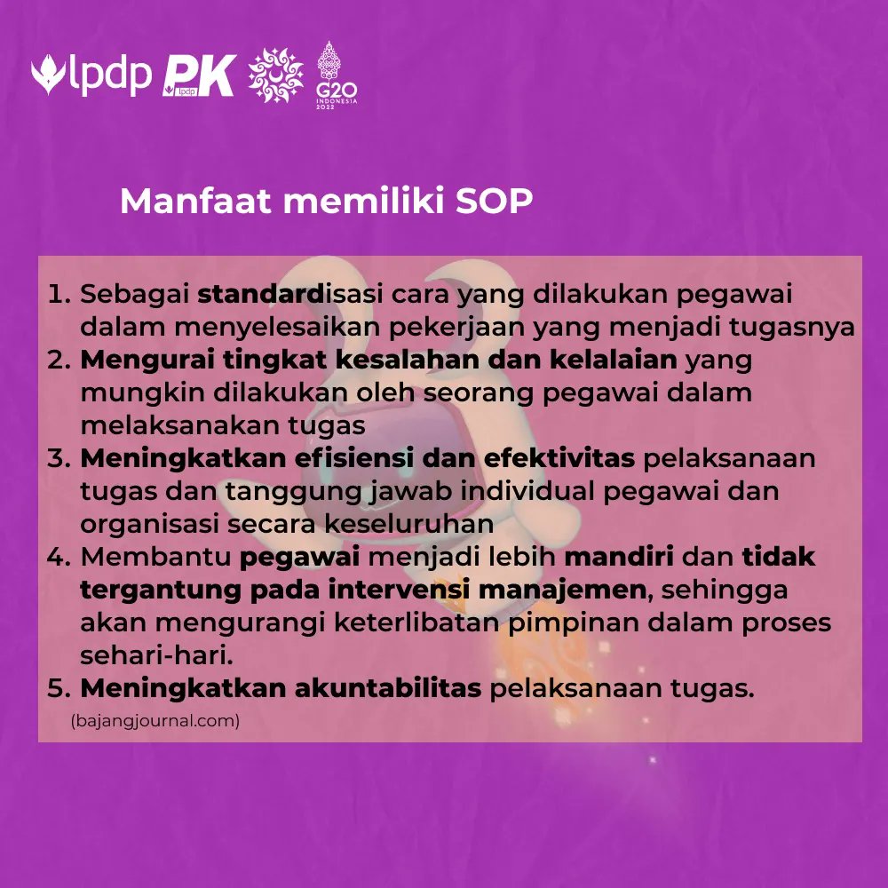 ef. (@esyaifullah) on Twitter photo Tahukah kamu bahwa memiliki Standard Operating Procedure (SOP) menjadi hal yang penting dalam menjalankan kegiatan UMKM. Apa saja manfaatnya? Mari simak penjelasannya bersama!
<a href="/LPDP_RI/">#DiriUntukNegeri</a>
<a href="/pk189lpdp/">Sembagi Arutala</a>
#DiriUntukNegeri #SDMUnggulIndonesiaMaju #AkuPastiMengabdi Tahukah kamu bahwa memiliki Standard Operating Procedure (SOP) menjadi hal yang penting dalam menjalankan kegiatan UMKM. Apa saja manfaatnya? Mari simak penjelasannya bersama!
<a href="/LPDP_RI/">#DiriUntukNegeri</a>
<a href="/pk189lpdp/">Sembagi Arutala</a>
#DiriUntukNegeri #SDMUnggulIndonesiaMaju #AkuPastiMengabdi