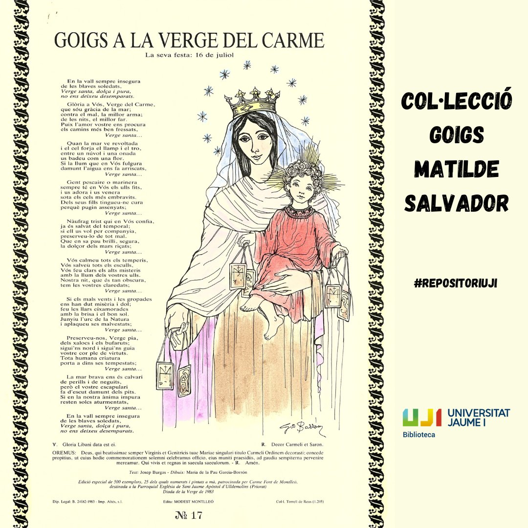 BibliotecaUJI's tweet image. Estem treballant en la digitalització i creació, al #RepositoriUJI, d'una col·lecció de 973 #goigs, recollits per #MatildeSalvador i dipositats a la @BibliotecaUJI gràcies a @Institut_IIFV.