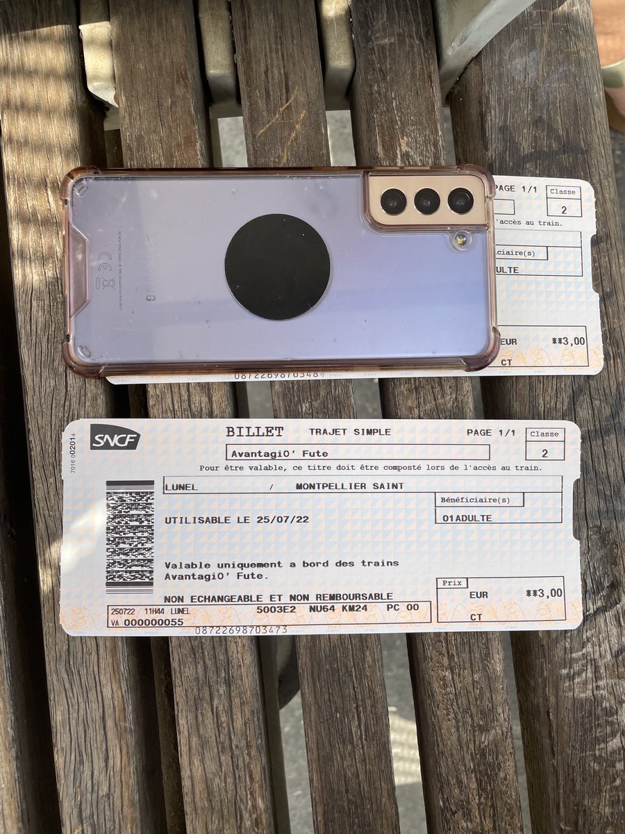 ‘Treinkaartje’ voor een rit van 30 km naar Montpelier . Ouderwets groot. Echtgenote: ‘#NS_online zou hier 5 kaartjes van kunnen maken’. Oog voor duurzaamheid op z’n Hollands’