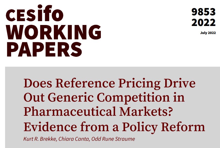 Does Reference Pricing Drive Out Generic Competition in Pharmaceutical Markets? Evidence from a Policy Reform | @BrekkeKurt, Chiara Canta, Odd Rune Straume | #EconTwitter cesifo.org/en/publikation…