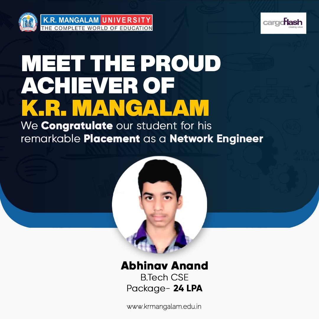 krmuniversity's tweet photo. #KRMangalamUniversity #Congratulates Abhinav Anand , for getting placed at #CargoFlash.
Well done, Abhinav ! Your hard work and #determination have paid off. May you #achieve more #success in life!
#bschool #schoolofengineering #engineeringuniversity #networkengineers #college https://t.co/QJJNh8BQ9u