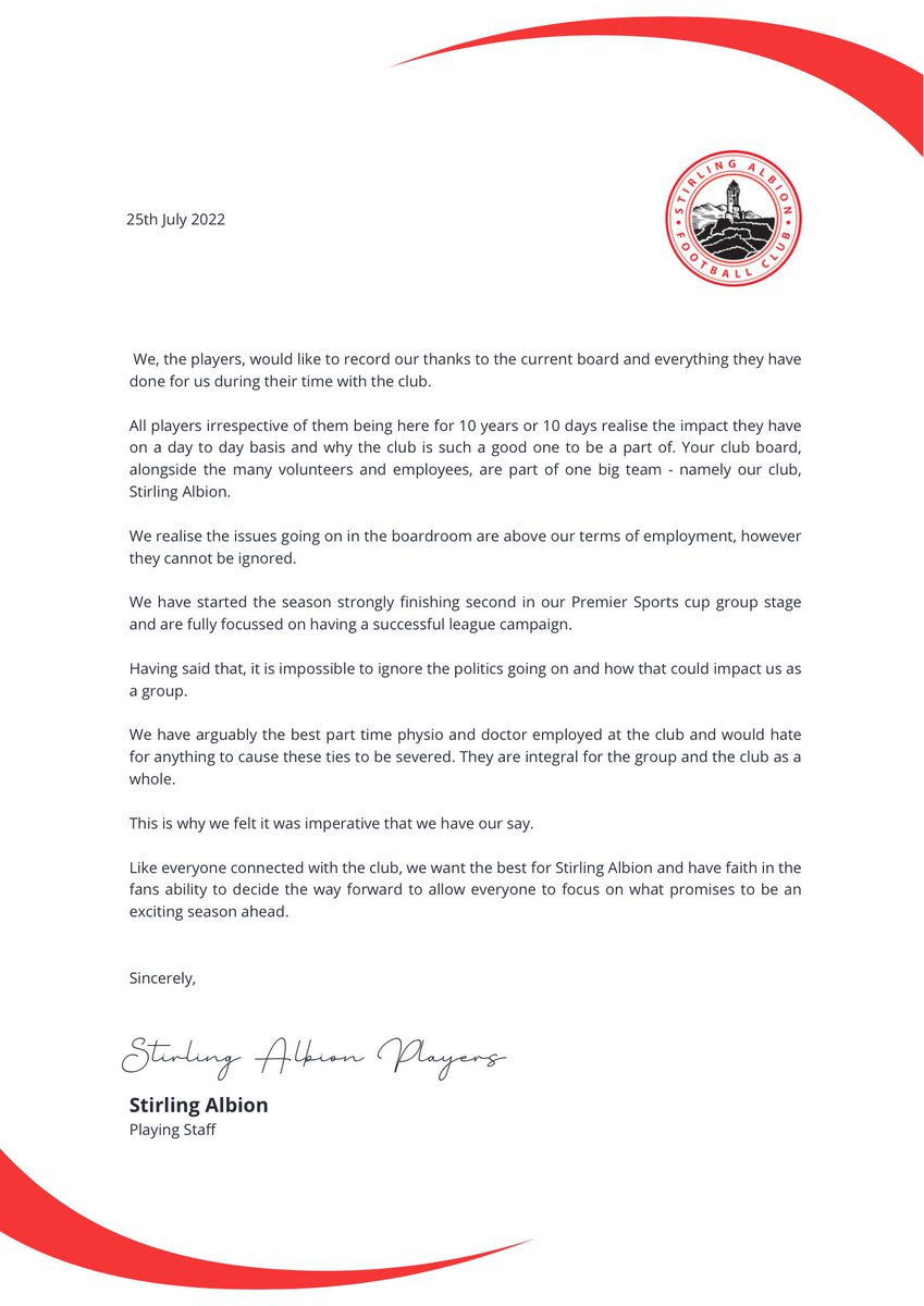 The players of the club have asked the Club if we can post the following statement for them. Out of respect for our players and their right to be heard, we agreed to their request. 👇