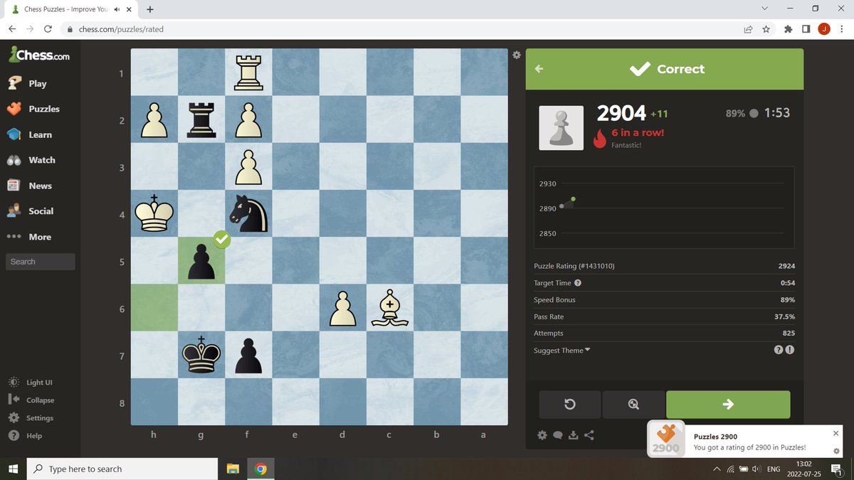 Managed to cross 2900 in chess.com Rated Puzzles! Interesting and challenging puzzles forcing me to really think for a while sometimes at this rating 🤠