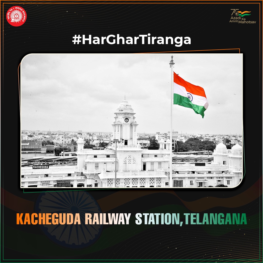 RailMinIndia's tweet photo. Tiranga 🇮🇳- Symbol of our identity and pride!

This Independence Day, let us all bring Tiranga home.
A glimpse of Kacheguda Railway Station, Telangana proudly displaying the National Flag.
#AmritMahotsav
#HarGharTiranga https://t.co/xptgKg52iR