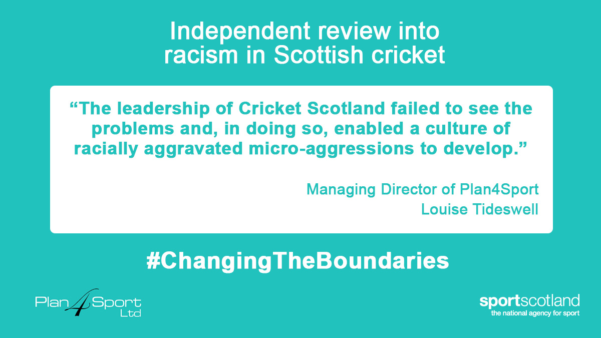 sportscotland's tweet photo. #ChangingTheBoundaries | Managing Director of Plan4Sport, Louise Tideswell, says the governance and leadership practices of Cricket Scotland have been institutionally racist. https://t.co/BhgBbWiGk7