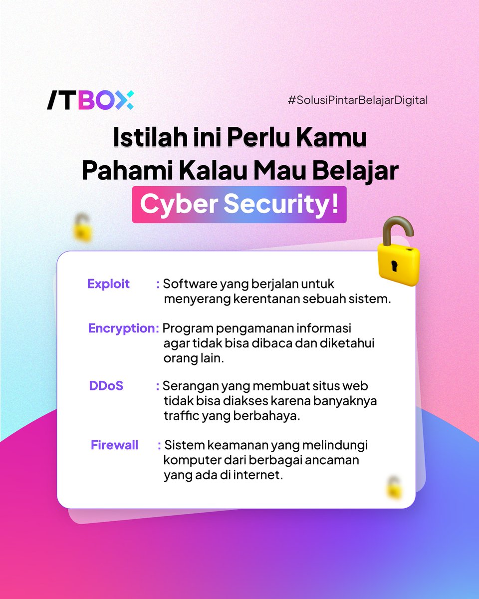 itbox_id's tweet photo. Siapa yang lagi giat belajar Cyber Security?🤠
Biar nggak kebingungan pahami dulu istilah-istilah ini ya, Sob!
biar makin nggak bingung, belajar di ITBOX aja!🤠
Info lengkap: https://t.co/6uLl6wI0VL
#itbox #programmer #developer #anakit #mahasiswait #cybersecurity #hacker https://t.co/WZynxB6ZbR