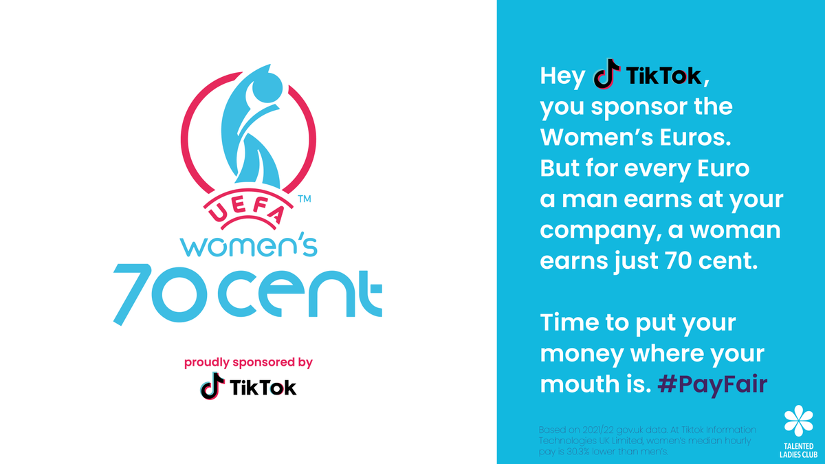 TalentedLadies's tweet photo. Hey @tiktok_us, you sponsor the #WomensEuros2022. But for every Euro a man earns at your company, a woman earns just 70 cents. Isn’t it time to close the #genderpaygap and #PayFair? https://t.co/Nb2h4N93mJ https://t.co/LCETyfpXmU