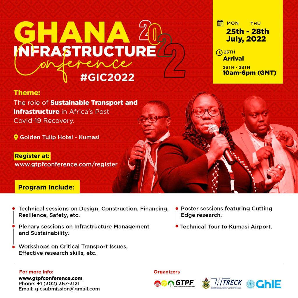 GHTranspoForum's tweet photo. We look forward to seeing you all, both in-person and virtually as we anticipate incredibly stimulating research and conversations around the theme: The role of Sustainable Transport and Infrastructure in Africa's Post COVID-19  Recovery.

🇬🇭 #GIC2022 #GhInfCon2022 https://t.co/TEaTEU4ErT