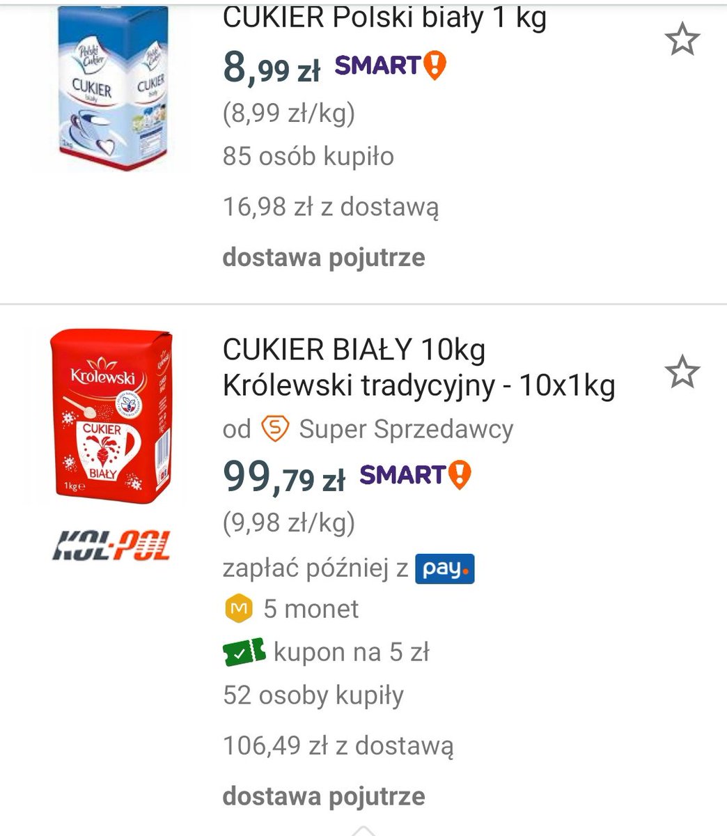 JohnDoe12388585's tweet photo. Wpadłem na chwilę na Allegro i patrzcie jak spekulanci wywindowali ceny cukru. Zrzut sprzed chwili. https://t.co/mlwnDSJAG1